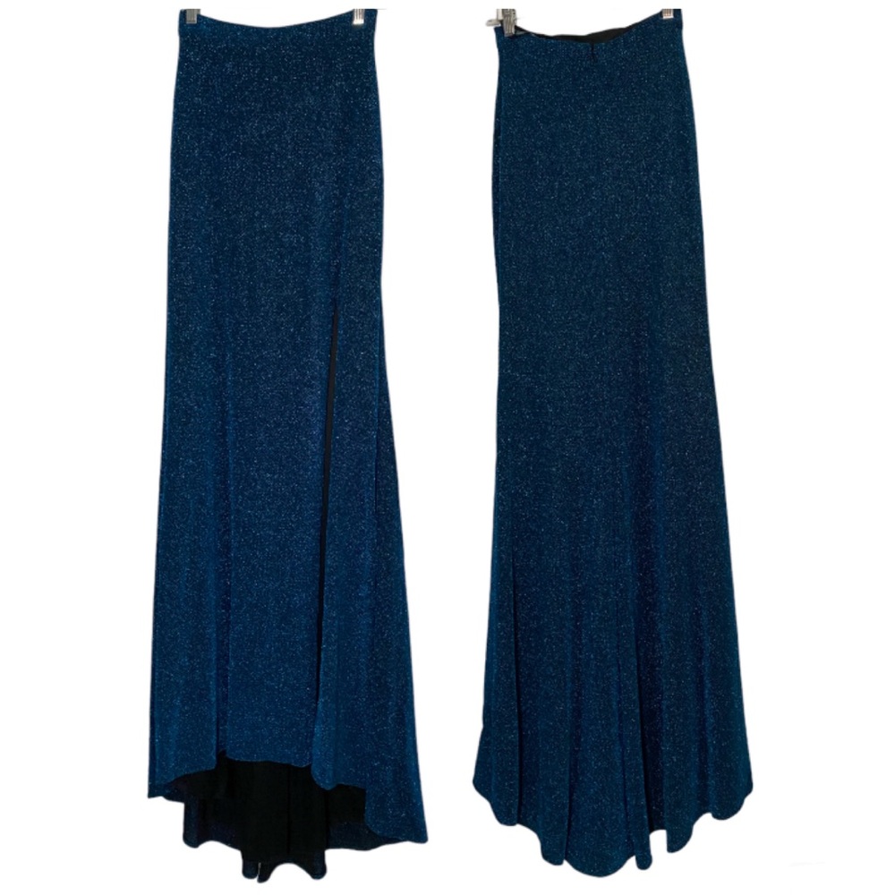 Azaria Bridal Metallic Blue Teal Formal Long High Waist Skirt W/ Side Slit Sz 4